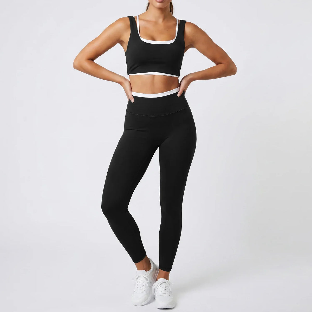 Double Layered Contrasting Yoga Sets Women Shock-absorbing Sports Bra Gym Workout Clothes Outwear High Waist Pants Fitness Suits