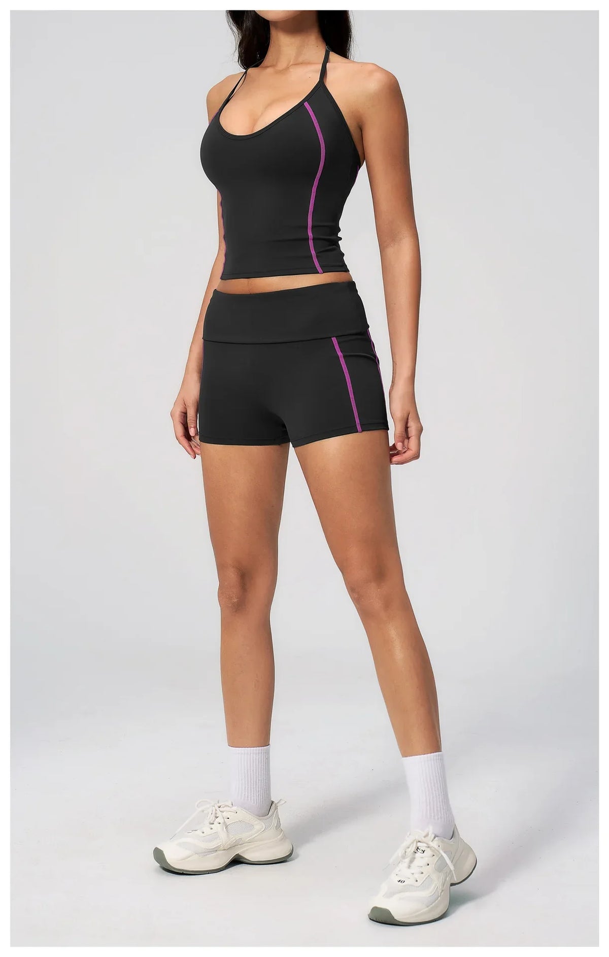 2PCS Women Yoga Sets Color Contrast Hanging Neck V Neck Slimming Sports Tank Top Flip High Waist Shorts Gym Running Fitness Suit