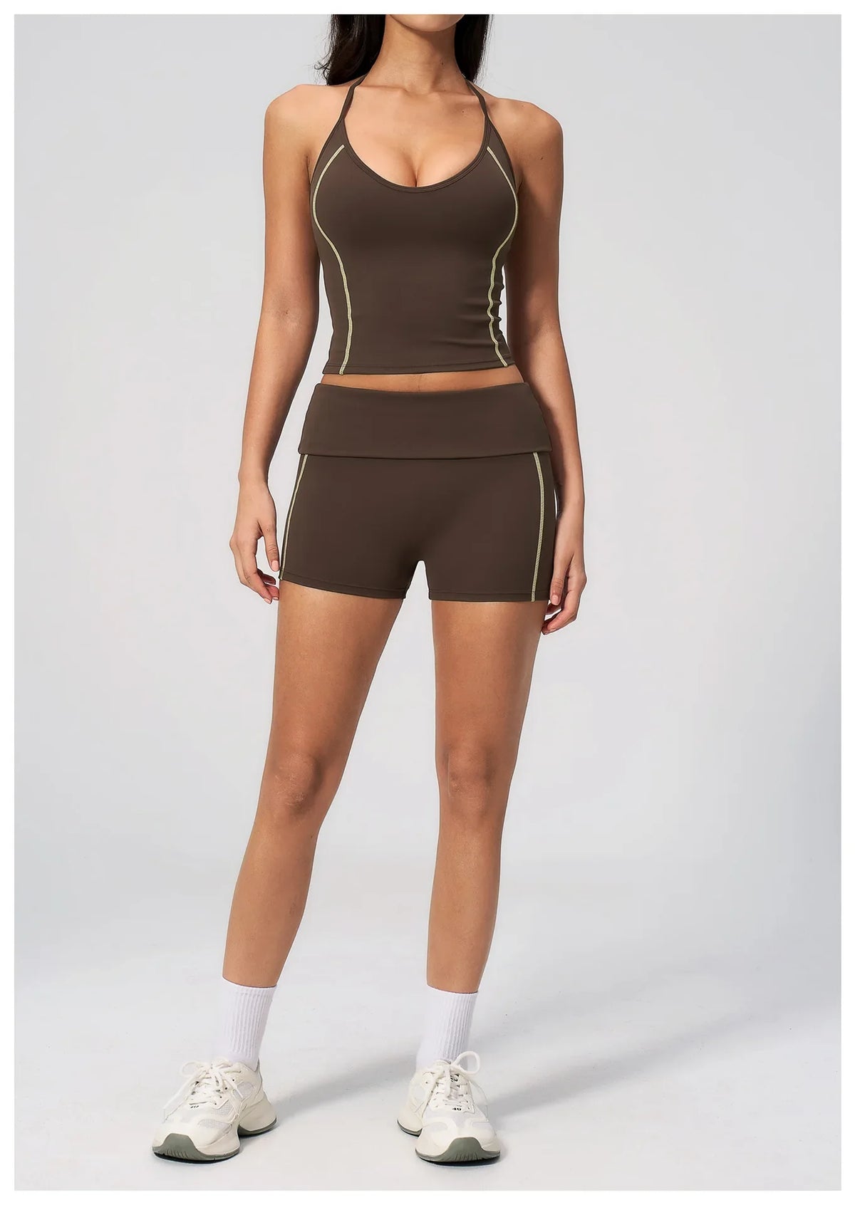 2PCS Women Yoga Sets Color Contrast Hanging Neck V Neck Slimming Sports Tank Top Flip High Waist Shorts Gym Running Fitness Suit