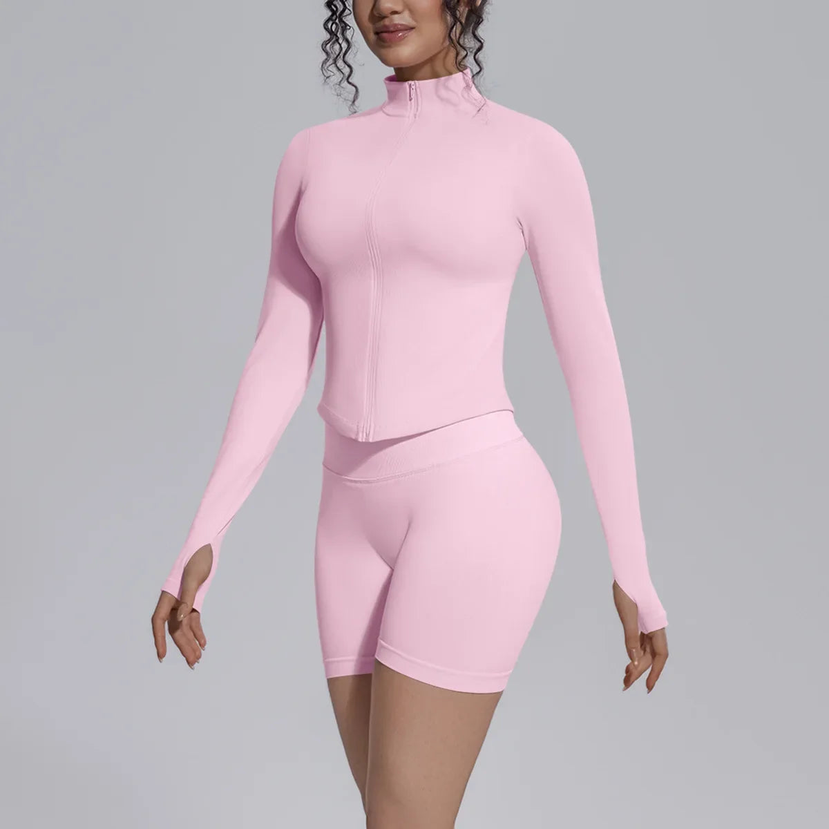 Women's Seamless Yoga Sets Sports Fitness Gym Zipper Long-Sleeve Jacket Hip Lift High-Waist Shorts Suits Workout Training Sets