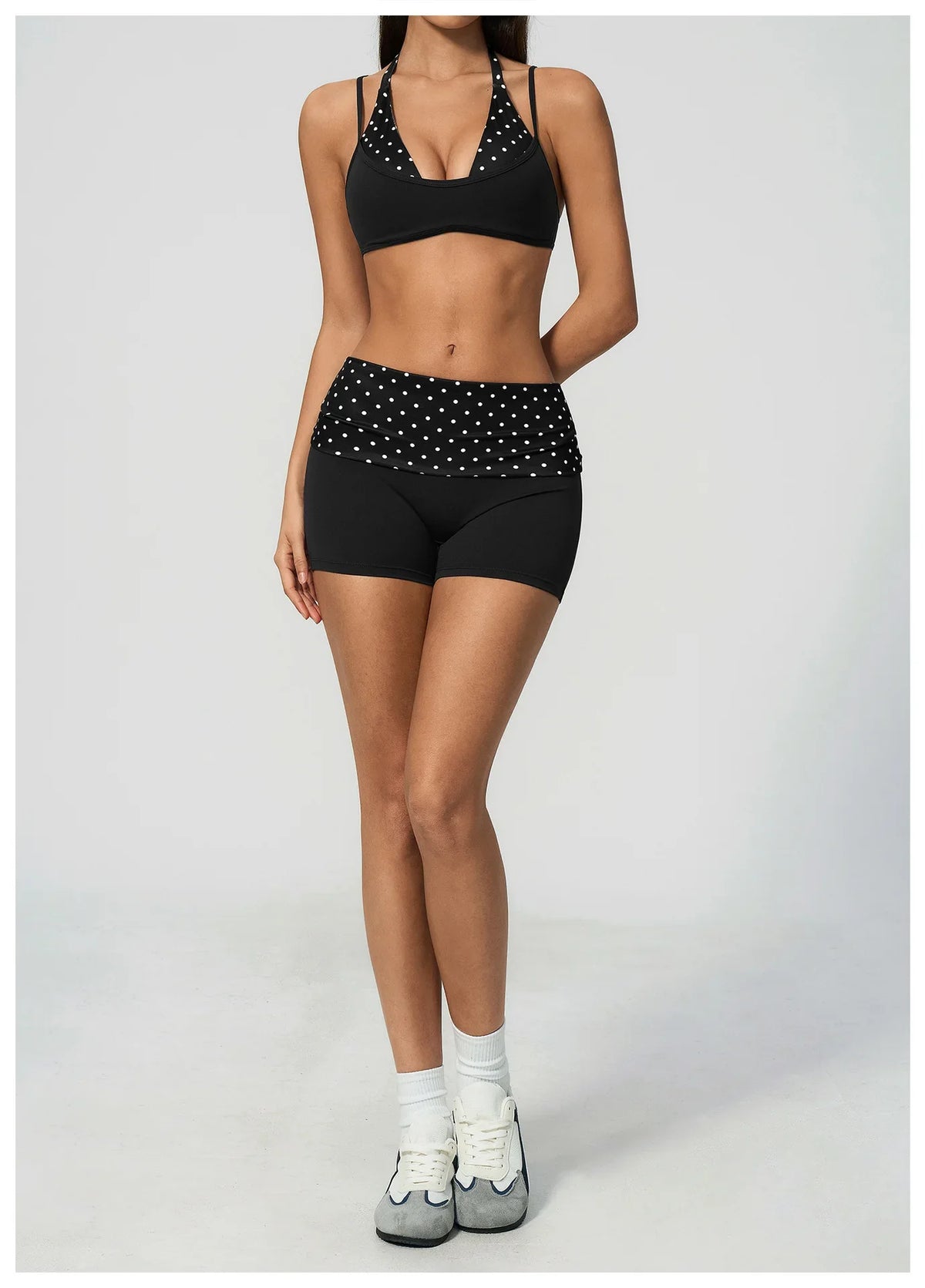 Breathable Striped Patchwork Yoga Clothing Women Fake Two-piece Sports Bra Folding High Waist Shorts Gym Running Fitness Suit
