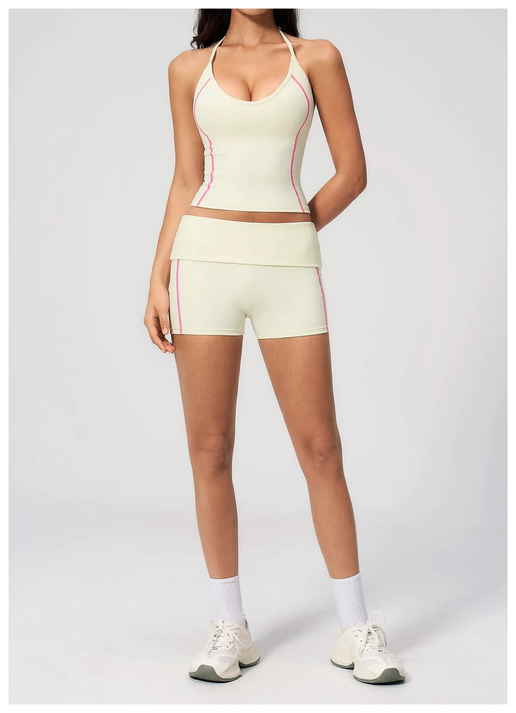 2PCS Women Yoga Sets Color Contrast Hanging Neck V Neck Slimming Sports Tank Top Flip High Waist Shorts Gym Running Fitness Suit
