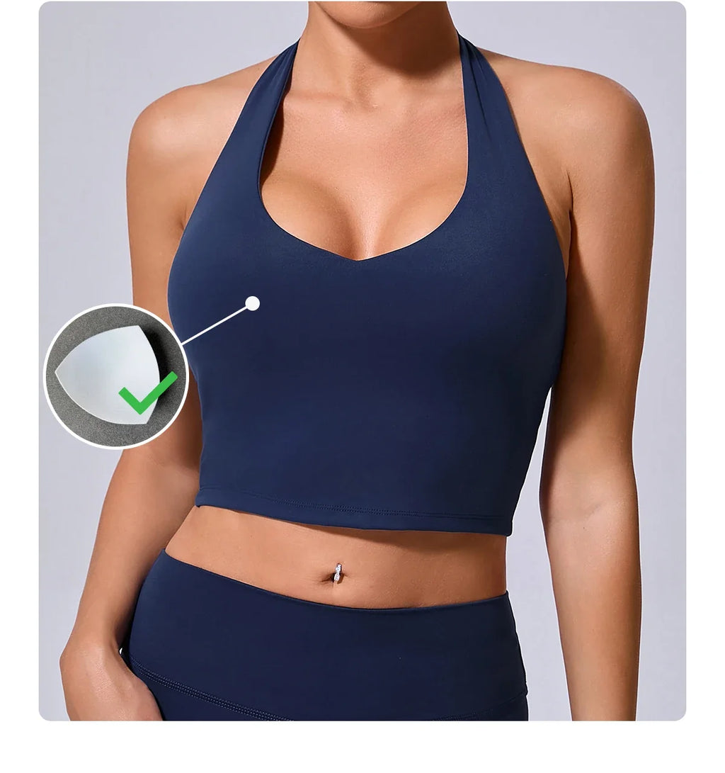 Ladies Sports Bra Sexy Hanging Neck High Support Impact Yoga Underwear Running Fitness Gym Push Up Workout Bra Padded Bralette