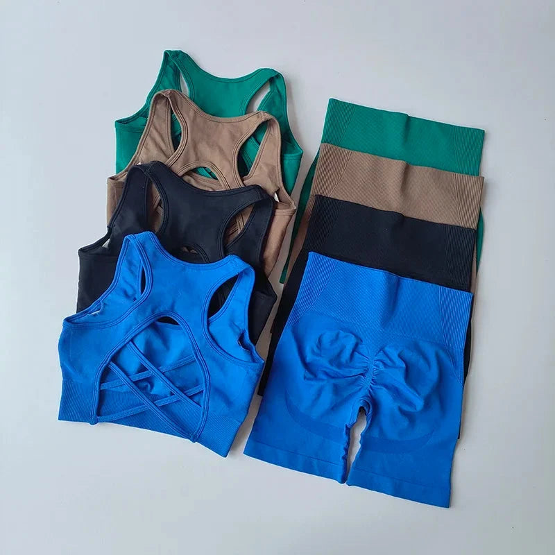 Conjunto de Yoga sin costuras para mujer, Sujetador deportivo Sexy, pantalones cortos deportivos de cintura alta, traje de entrenamiento sin mangas para gimnasio y Fitness, 2 uds.