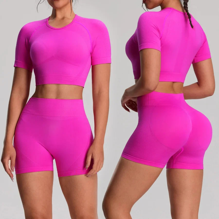 2pcs/sets Yoga Sport T-shirts Shorts Set Sportswear Woman Gym Seamless Workout Vest Shorts Leggings Activewear Women's Tracksuit