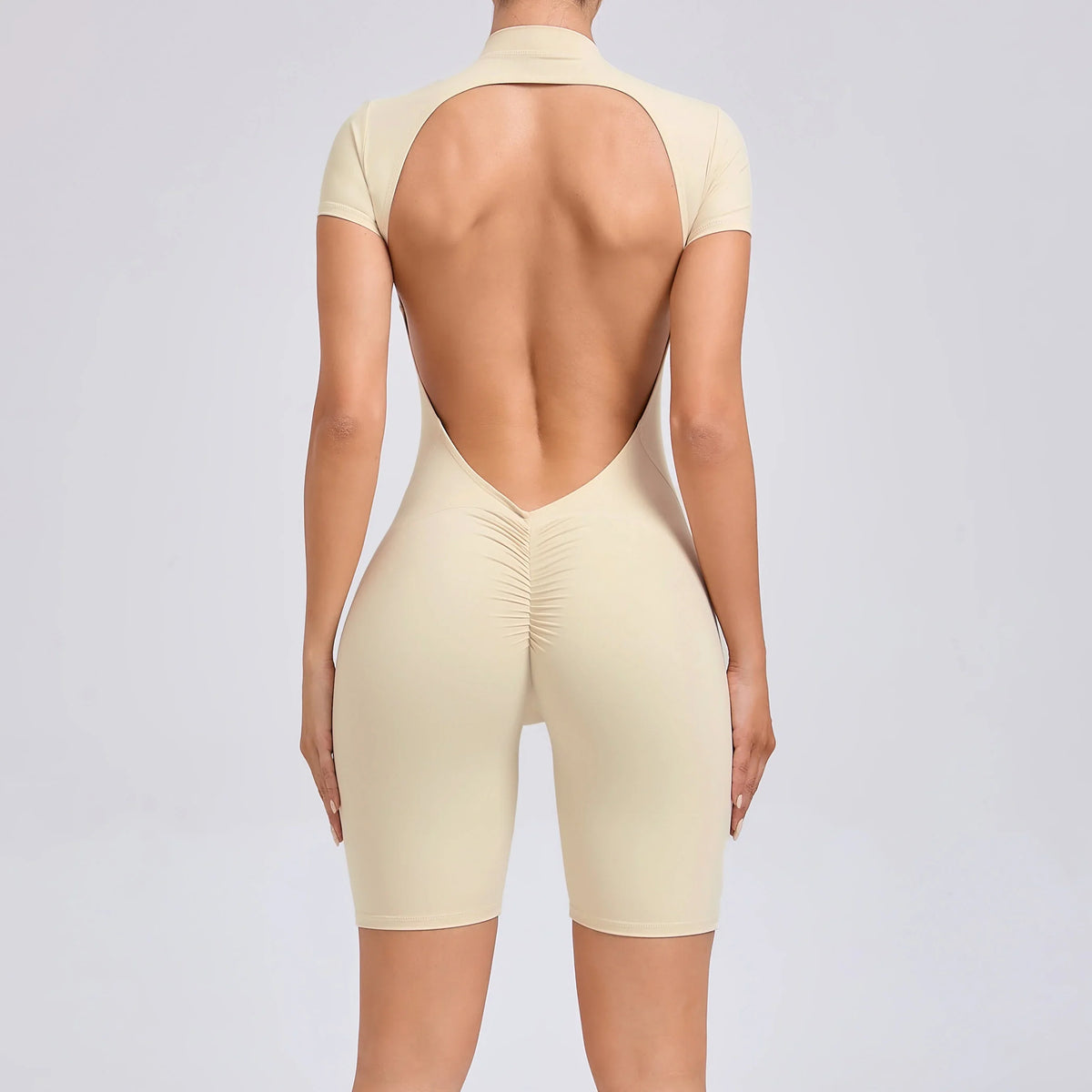 Padded Backless Yoga Cycling jumpsuit  Women Zipper GYM Sportswear Fitness One Piece Sports Suit V Back Workout Playsuit