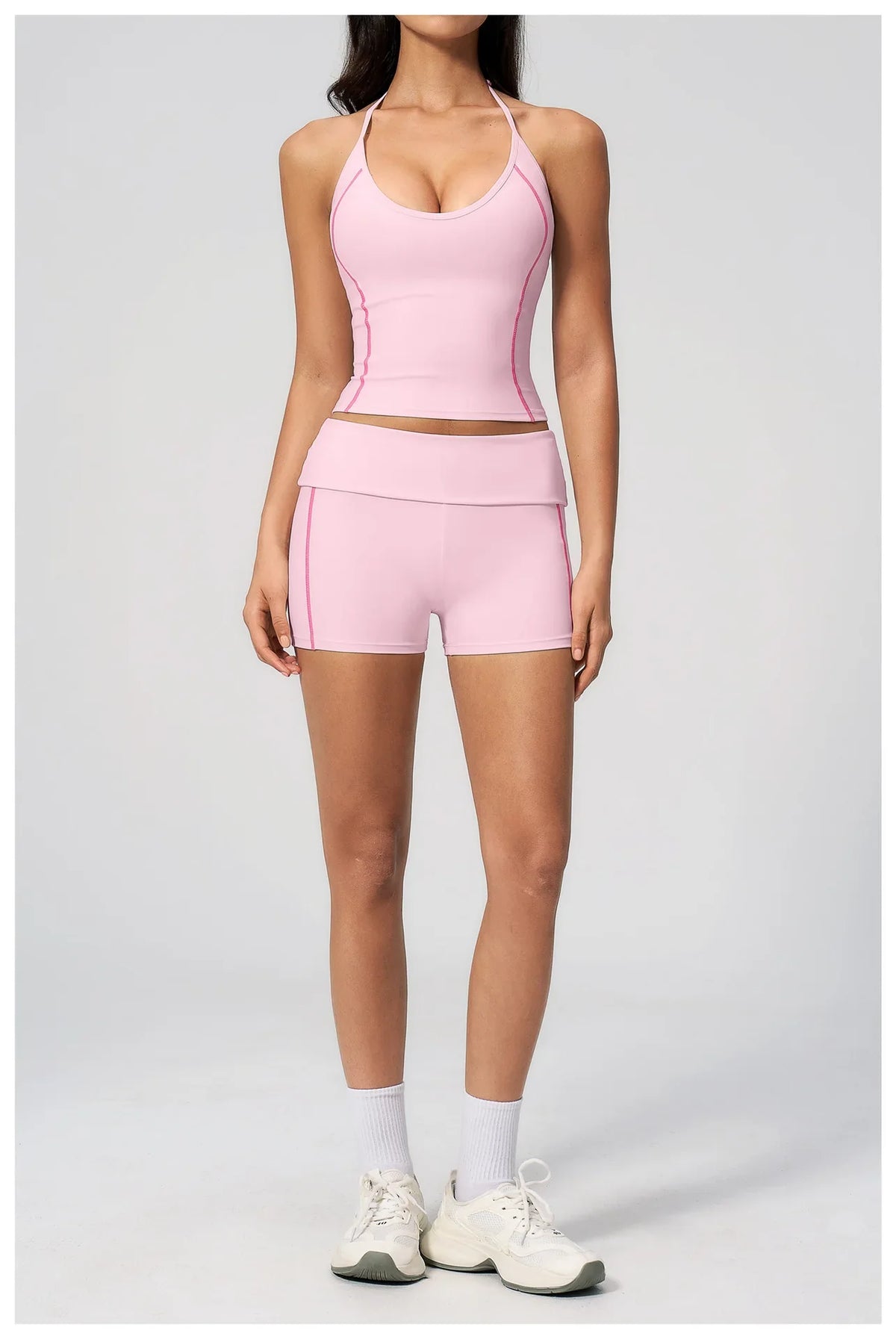 2PCS Women Yoga Sets Color Contrast Hanging Neck V Neck Slimming Sports Tank Top Flip High Waist Shorts Gym Running Fitness Suit