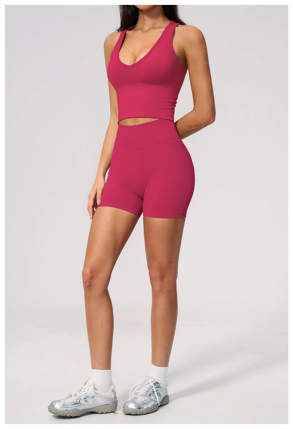 Seamless Gym Yoga Sets Women Breathable I-shaped Shock-absorbing Slim Sports Tank Top High Waist Shorts Training Fitness Suit